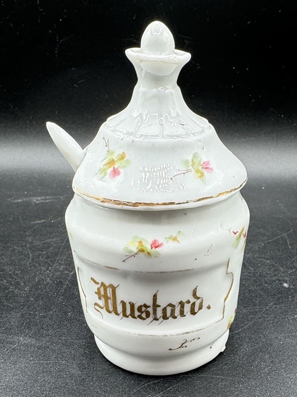 Antique Pre-WWI German Porcelain Mustard Pot Set Red Mark 1890s Lid Spoon -A96